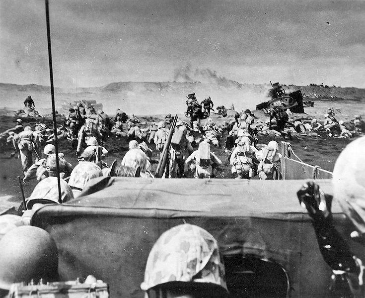 US Marines Disembarking Onto Beach at Iwo Jima, Japan, February 1945