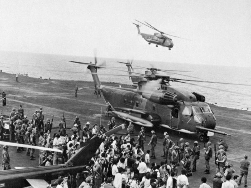 South Vietnamese Evacuees Unload From Helicopters to USS Midway, Operation Frequent Wind, 1975