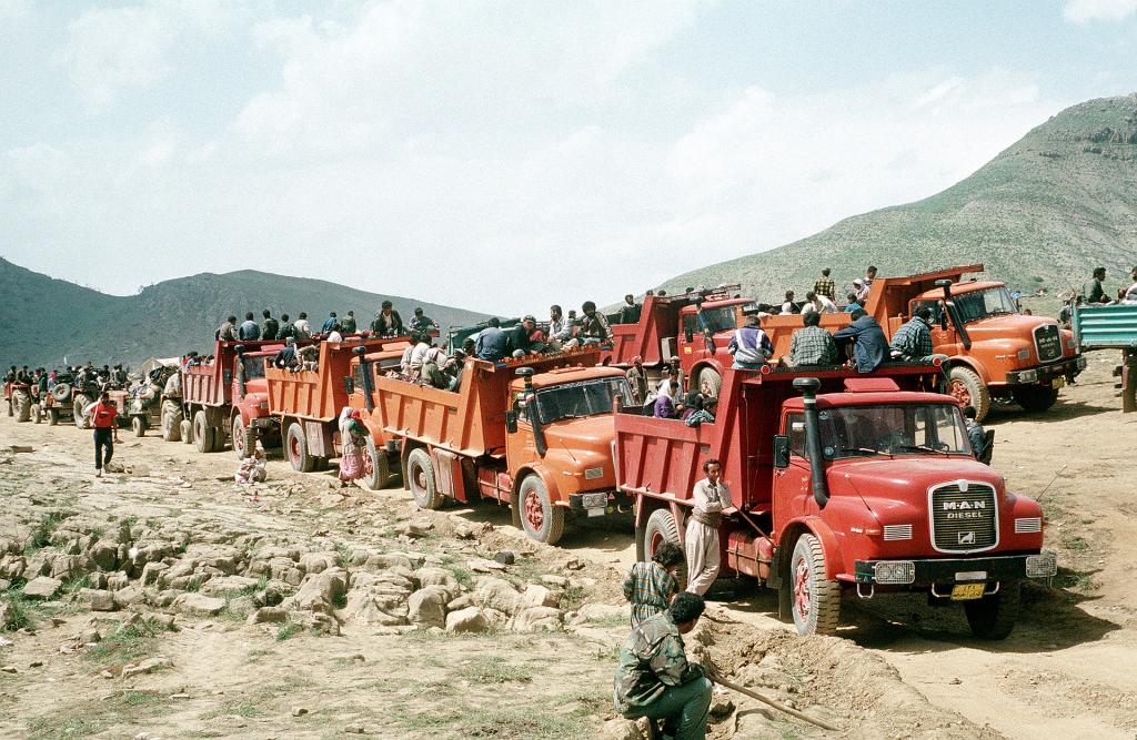 Iraqi Kurdish Refugees Flee to Turkey on Trucks, 1991