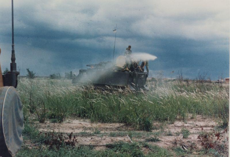 US Armored Personnel Carrier Sprays Agent Orange, South Vietnam, Vietnam War