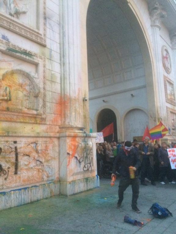 Protesters March past A Coloured 'Porta Macedonia'; Skopje, Macedonia, May 2016