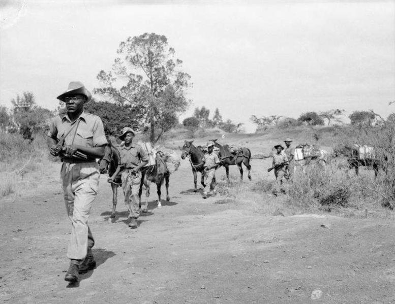 Troops of the King's African Rifles carry supplies