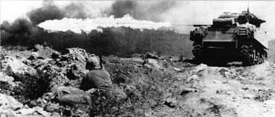 US Marine Corps Flamethrower Tank Clears Japanese Bunkers, Iwo Jima, Japan, 1945