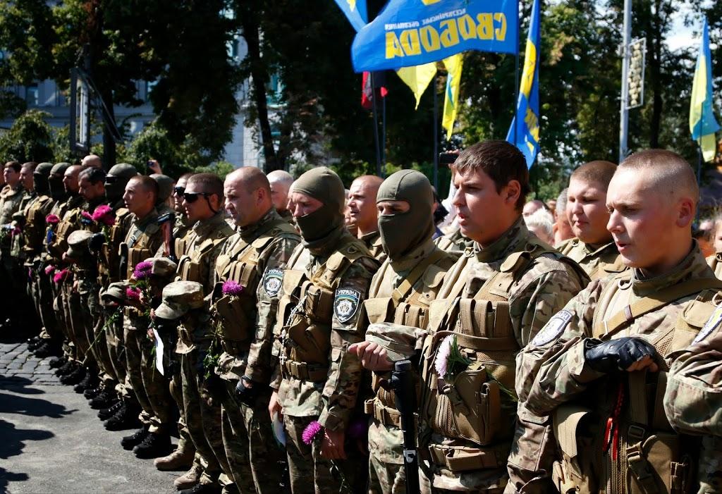 Svoboda 'Sich' Forces Stand at Attention, Ukraine, August 2014