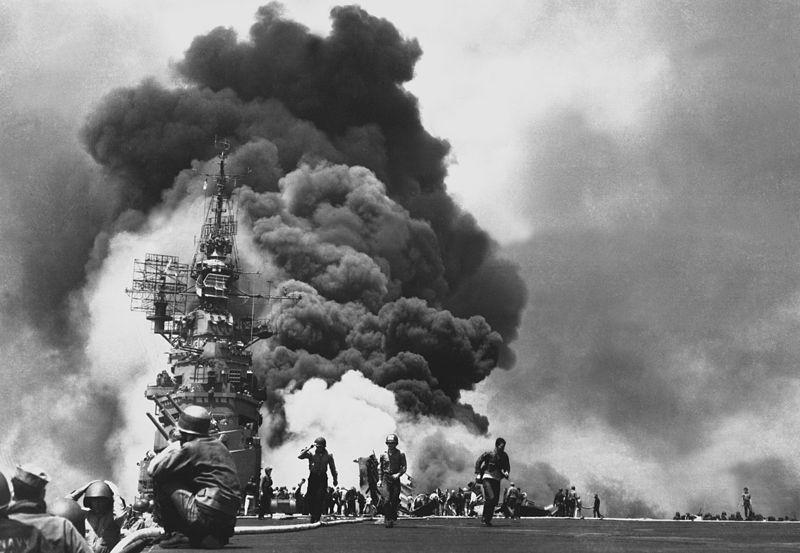 Aircraft Carrier USS Bunker Hill After Being Hit By Kamikaze, Pacific Theatre, May 1945