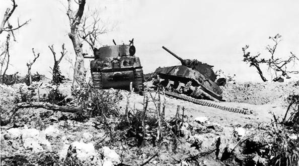 Disabled US Tanks on Bloody Ridge, Okinawa, Japan, April 1945