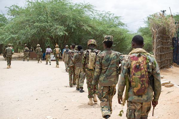 AMISOM and Somali National Army Soldiers on Patrol; Baardheere, Somalia, Sept 2015