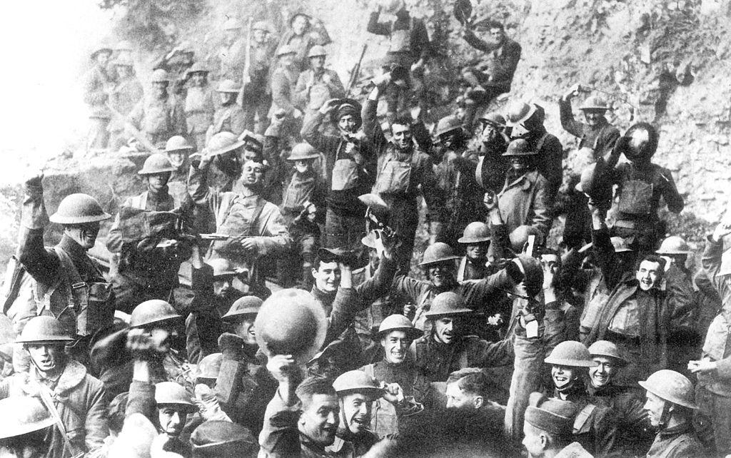 US 64th regiment celebrate the Armistice, Western Front, 1918