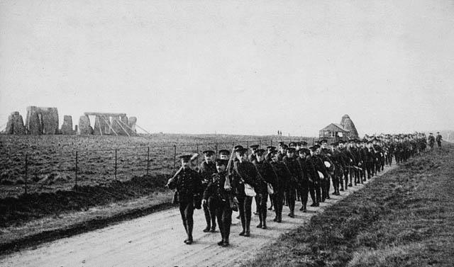 Canadian Expeditionary Force Marching With Stonehenge Behind Them, England, Winter 1914-1915