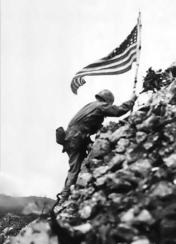 US Colors Raised Over Shuri Castle, Okinawa, Japan, May 1945