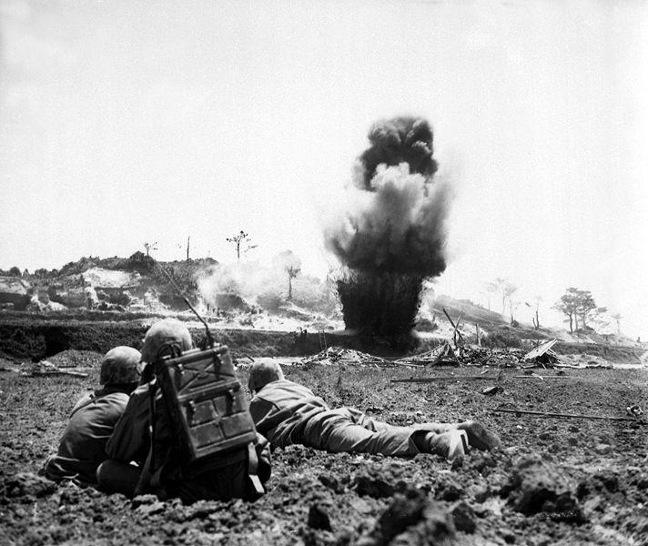 US Marine Demolition Team Destroys Japanese Cave, Okinawa, Japan, Mary 1945