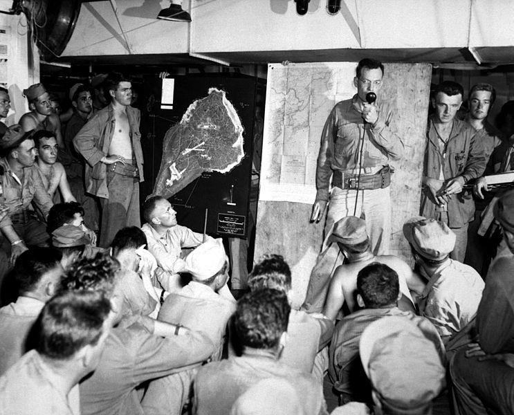 US Marines Review Iwo Jima Invasion Plans Aboard Ship, February 1945