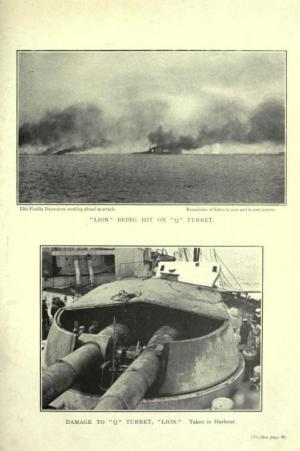 Impact of German shell on "Q" Turret, HMS Lion, and damage to "Q" Turret following the battle.