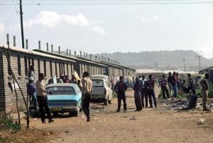 All-male hostel in Soweto, a black "township" some ten miles away from Johannesburg. 