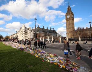 Floral tributes to the victims of the 2017 Westminster attack; Westminster, United Kingdom, March 20