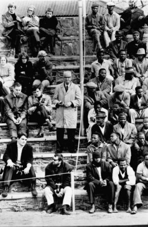 The segregated stands of a sports arena in Bloemfontein, South Africa