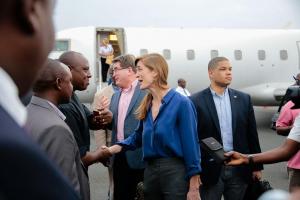 US Ambassador Samantha Power is greeted by Burundian officials upon arrival at Bujumbura airport. 